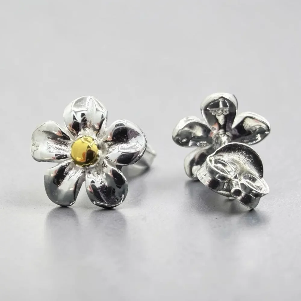 Daisy Stud Earrings 925 Sterling Silver Small Flowers Brass Accents